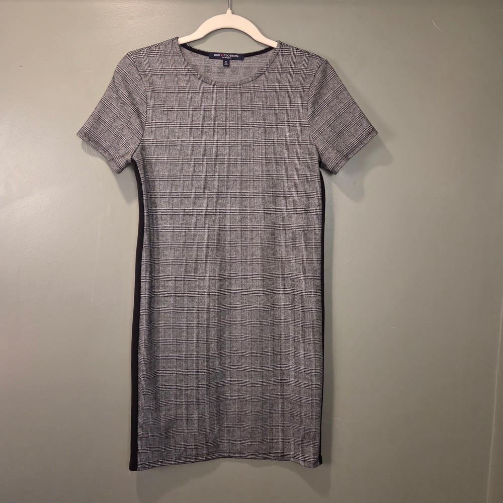 One Clothing Women's Houndstooth Print Shirt Dress, Size S, Black White